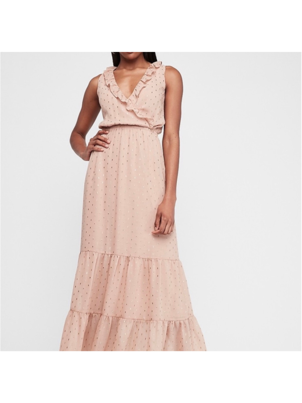 EXPRESS Metallic Gold Clip Dot Ruffle Maxi Dress Pink Blush Tiered V-Neck Boho
